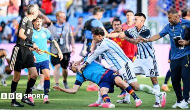 Leandro Paredes was involved in a fracas after Argentina were beaten 1-0 by Spain in the 2026 World Cup final