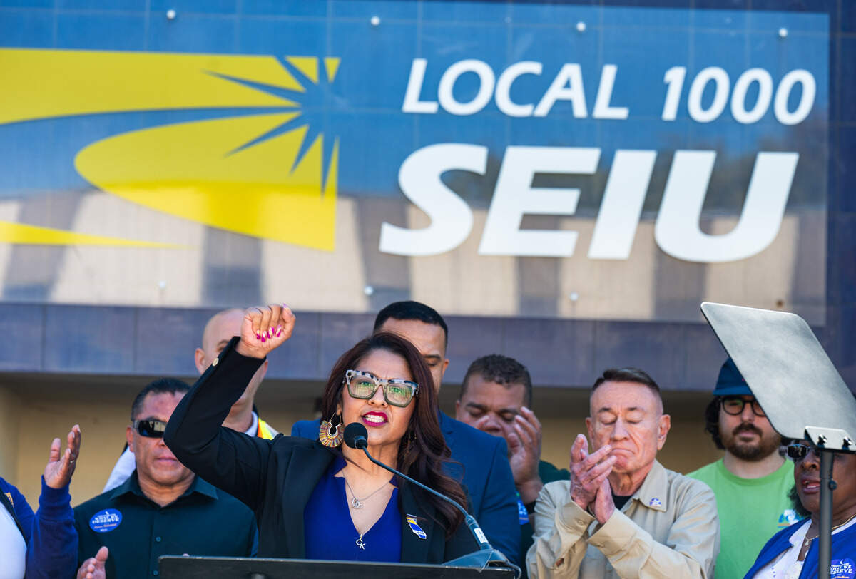 SEIU Local 1000 President Anica Walls announces during a news conference in Sacramento on Labor Day that the union that represents around 100,000 California state workers will hold a strike authorization vote over unfair labor practices.