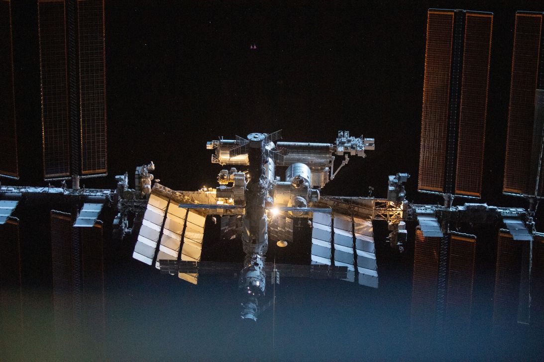 The International Space Station is pictured from the SpaceX Crew Dragon Endeavour during a fly around of the orbiting lab that took place following its undocking from the Harmony module’s space-facing port on November 8, 2021.