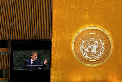 France's President Emmanuel Macron speaks during the 81st session of the United Nations General Assembly at United Nations headquarters, Tuesday.