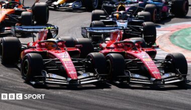 Lewis Hamilton and Charles Leclerc go wheel-to-wheel at the first chicane at Monza