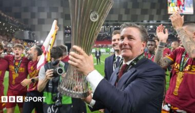 Dan Friedkin with the Conference League trophy after AS Roma won the competition in 2022