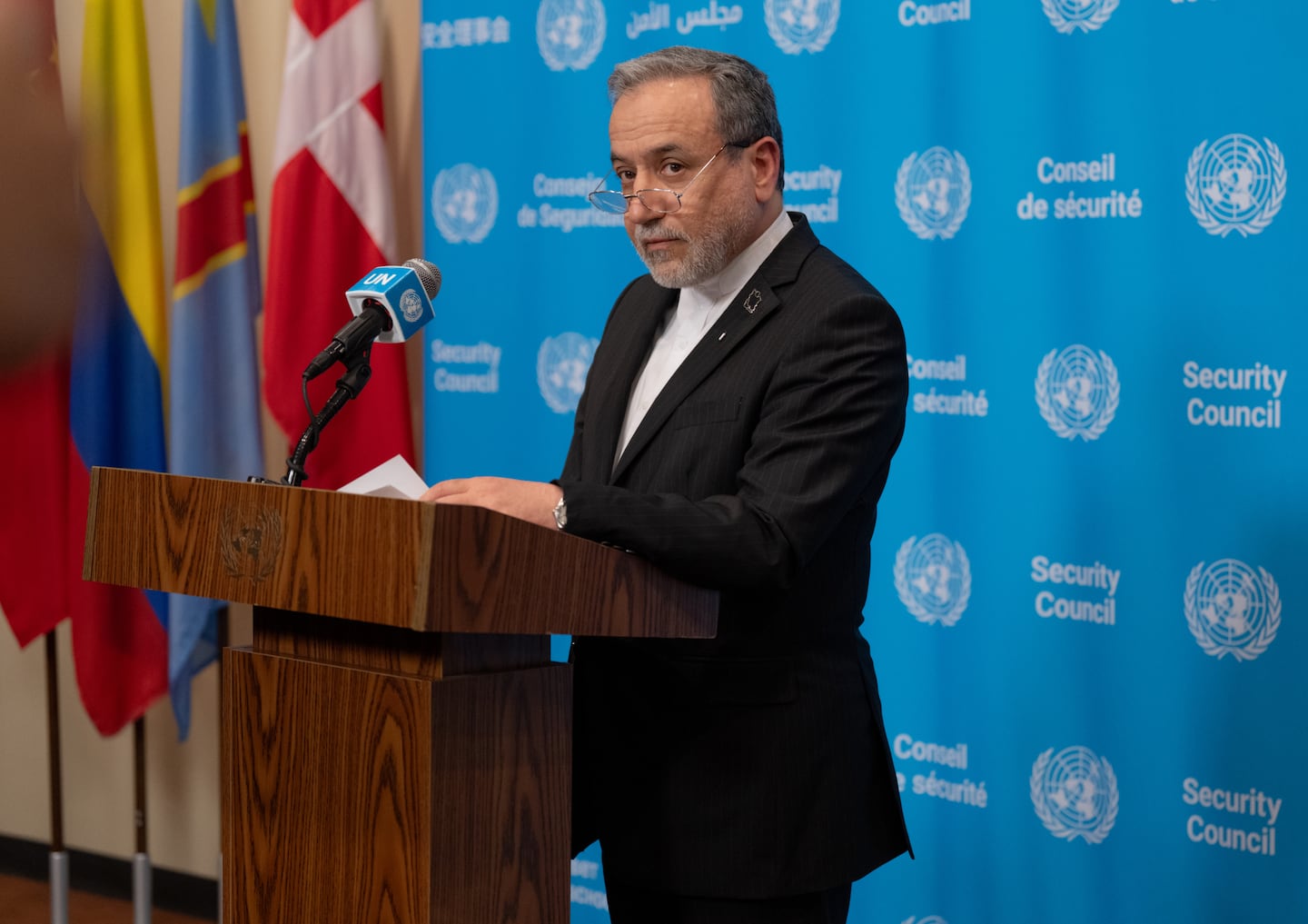 Abbas Araghchi, Iran’s foreign minister, spoke to reporters at the UN General Assembly in New York, Sept. 25, 2026. Araghchi was to meet with Qatari mediators Monday about the latest peace deal discussions, according to Iranian state media.