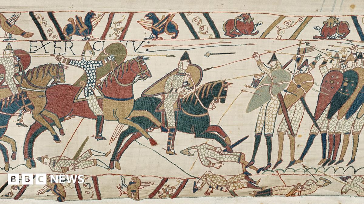 A section of the Bayeux Tapestry showing men riding horses and arrows being fired