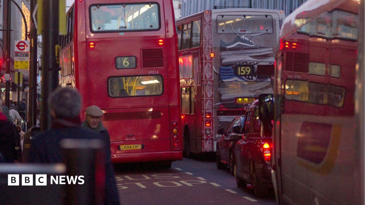A view of London buses in central London.