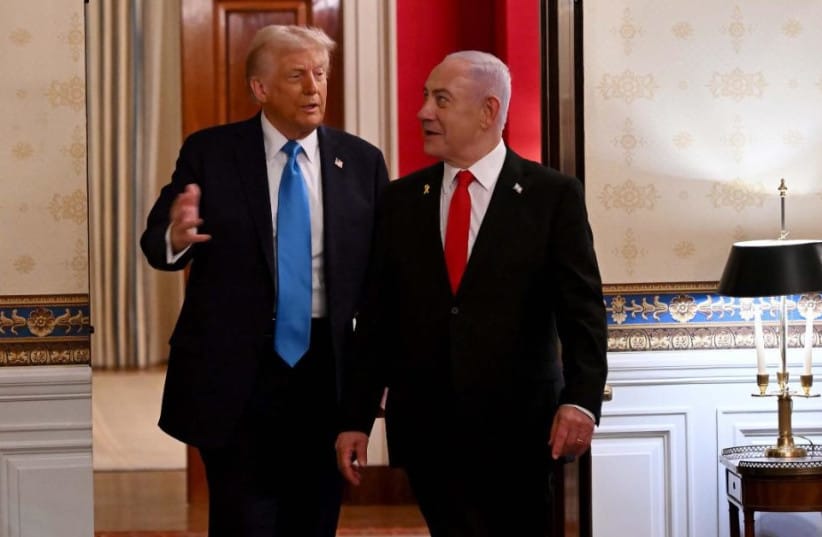 US President Donald Trump and Israeli President Benjamin Netanyahu walk together during Netanyahu's visit to Washington, February 5, 2025