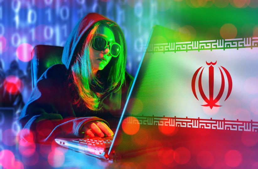 An illustration of a cyber hacker and the Iranian flag.