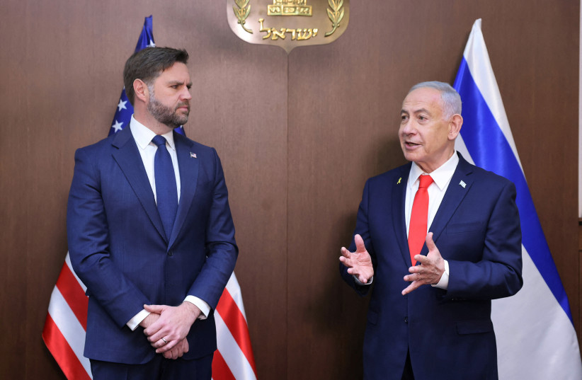 PRIME MINISTER Benjamin Netanyahu and US Vice President JD Vance meet at the Prime Minister’s Office in Jerusalem last month. US politics has transformed Israel into a volatile symbol of domestic partisan identity, the writer asserts.