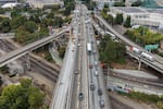 Cars drive on Interstate 5 through the Rose Quarter in Portland, Ore., on Aug. 27, 2026. 