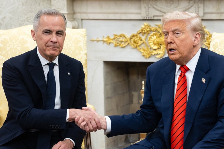 Canadian Prime Minister Mark Carney, left, and President Donald Trump, right, meet in the Oval Office in May 2025.
