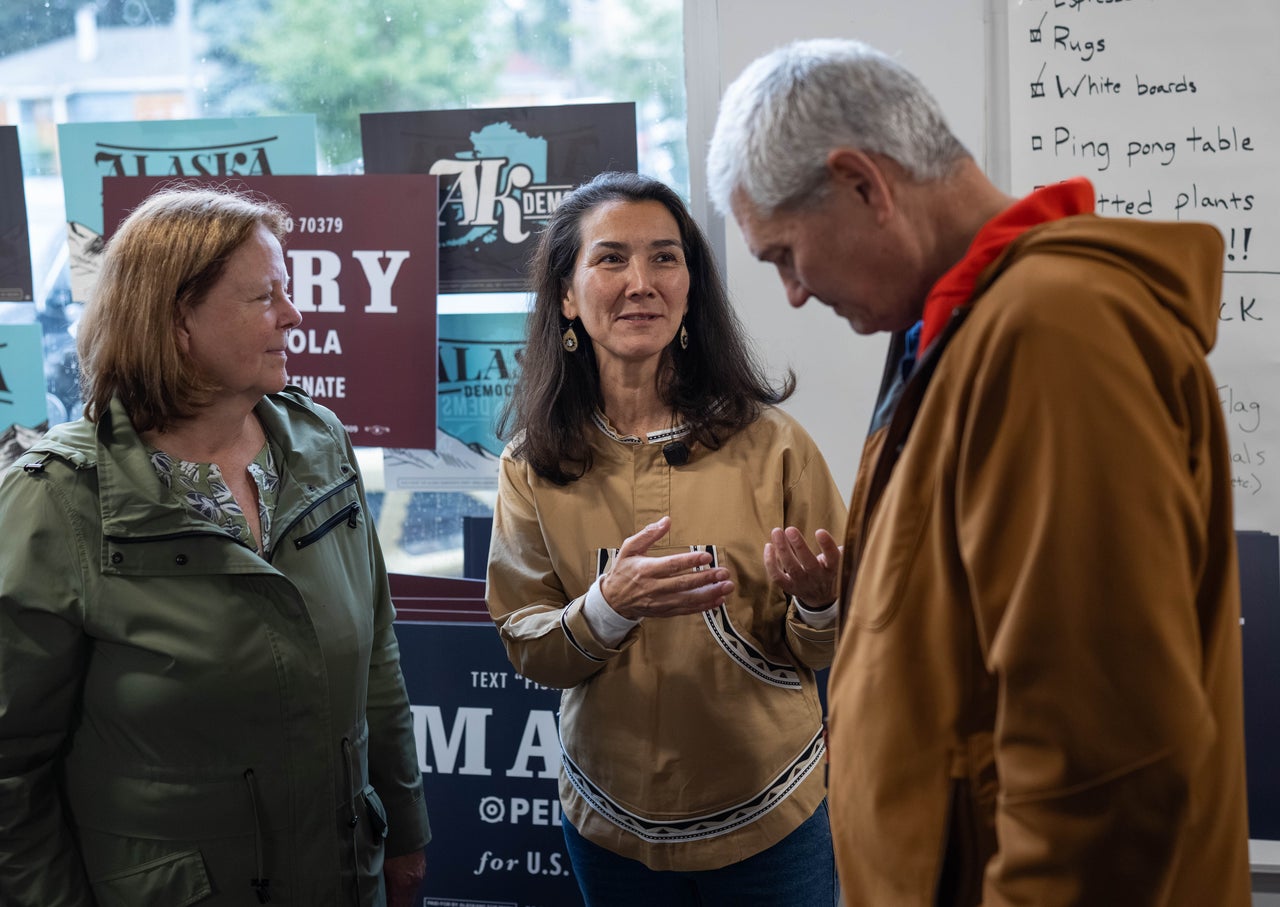 Senate candidate Mary Peltola speaks with supporters at a campaign event on Sept. 15, 2026, in Anchorage, Alaska.