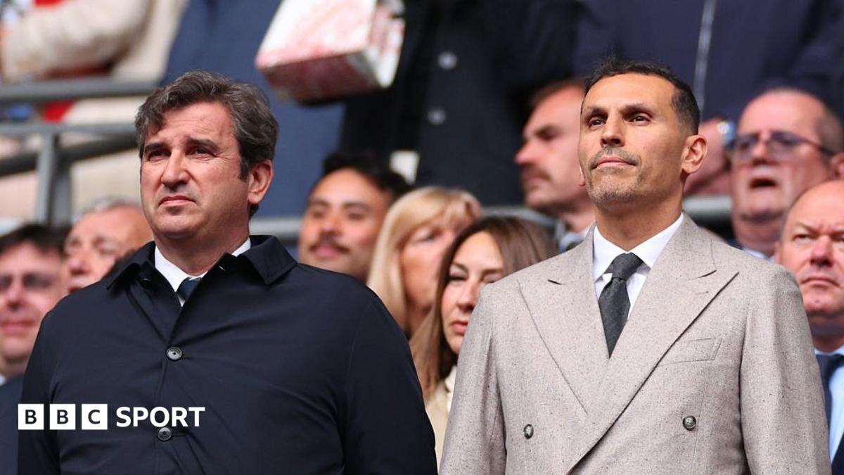 Manchester City CEO Ferran Soriano and chairman Khaldoon Al Mubarak watch on from the stands ahead of kick-off at the 2026 FA Cup final at Wembley Stadium, London