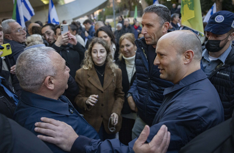 Former prime minister Naftali Bennett seen with Gadi Eisenkot during a march in support of the conscription of ultra-Orthodox Jews into the IDF, from the entrance of Jerusalem to the Knesset, January 15, 2026