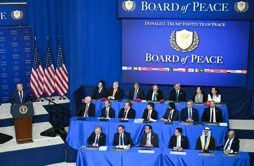 Officials listen to presentations on the work of the Gaza Executive Board during the inaugural meeting of the Board of Peace at the Donald J. Trump Institute of Peace on February 19, 2026 in Washington, DC.