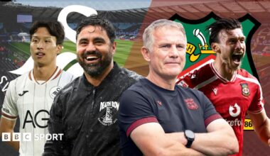 An image featuring Swansea winger Eom Jisung and head coach Vitor Matos alongside Wrexham manager Phil Parkinson and striker Kieffer Moore