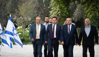 Members of the Joint List arrive for a meeting with Israeli president Reuven Rivlin at the President's Residence in Jerusalem on September 22, 2019.