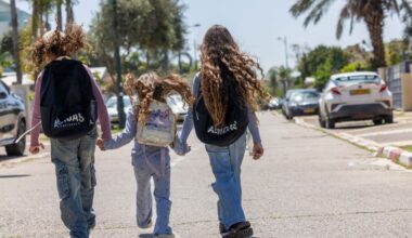 Israeli elemantary school children prepare to go back to school, in moshav Yashresh, as schools and kindergardens re-open following a ceasefire agreement. April 9, 2026.