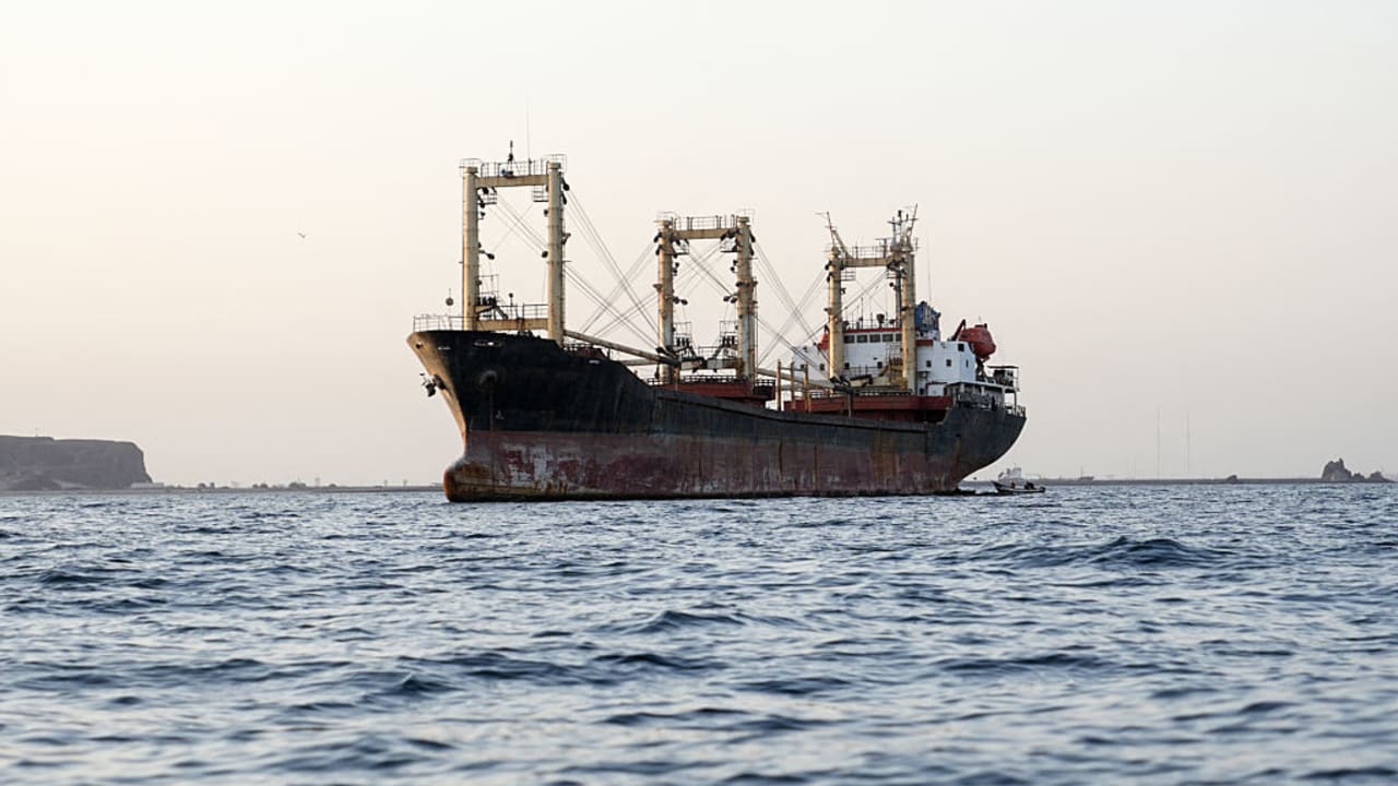 A commercial vessel is anchored off Yemen's coast at Bab al-Mandeb, in the straits connecting the Red Sea with the Gulf of Aden and the Indian Ocean on September 12, 2026.
