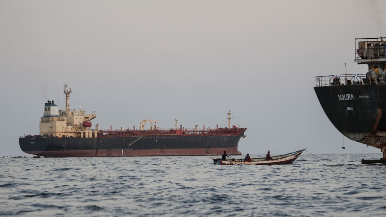 Commercial vessels are anchored off Yemen's coast at Bab al-Mandeb, in the straits connecting the Red Sea with the Gulf of Aden and the Indian Ocean on September 12, 2026