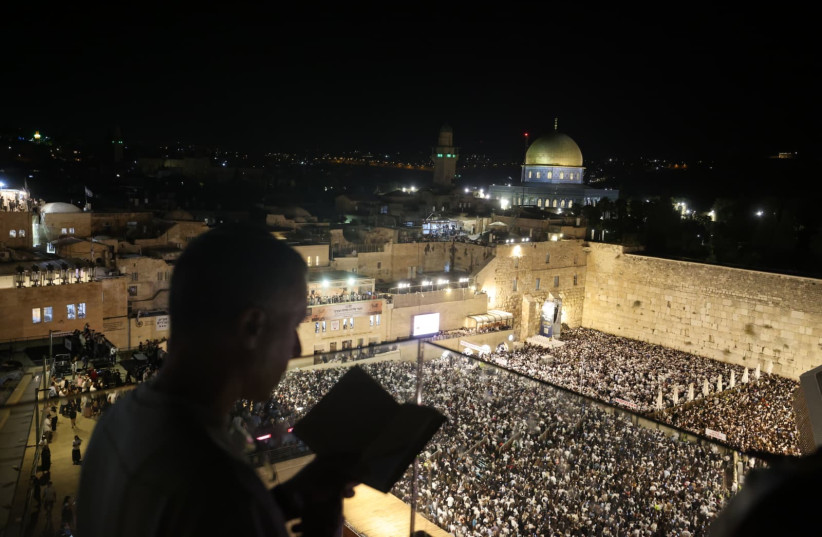 Thousands of Jews gather for selichot prayer services at the Western Wall, in Jerusalem, ahead of Yom Kippur, September 15, 2026