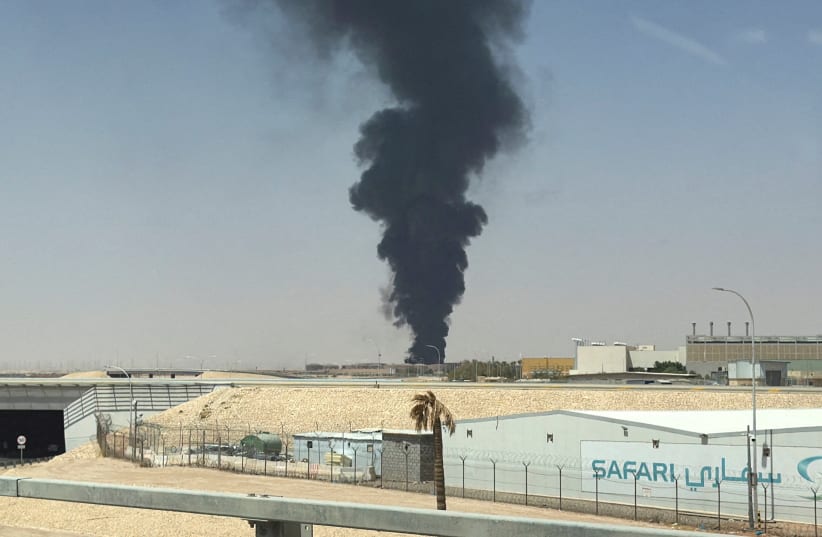 Large plume of black smoke rises from the fuel storage area at King Khalid International Airport, in Riyadh, Saudi Arabia, September 19, 2026. Picture taken with a mobile phone.