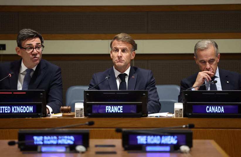 British Prime Minister Andy Burnham attends the Middle East peace event "The Road Ahead: One Year After the New York Declaration and the Comprehensive 20-point Peace Plan" with French President Emmanuel Macron and Canadian Prime Minister Mark Carney, during the United Nations General Assembly (UNGA)