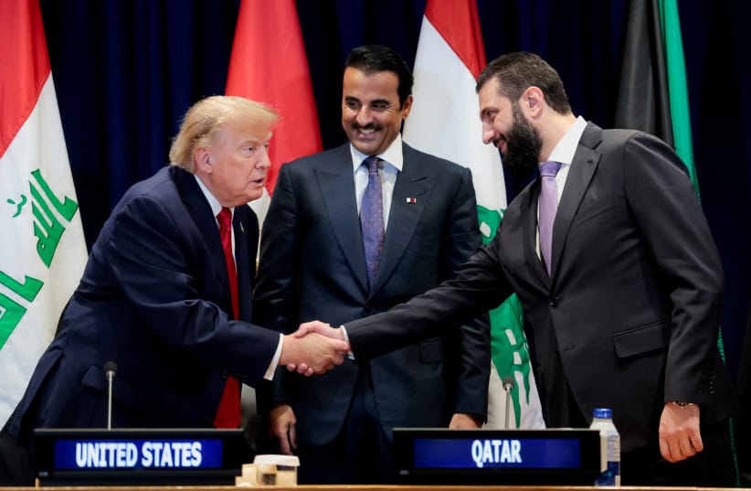 US President Donald Trump shakes hands with Syria's President Ahmed al-Sharaa as Qatar's Emir Sheikh Tamim bin Hamad Al Thani looks on as they attend a multilateral meeting with leaders from the Gulf Cooperation Council, which includes the United Arab Emirates (UAE), Qatar, Bahrain, Kuwait, and Oman