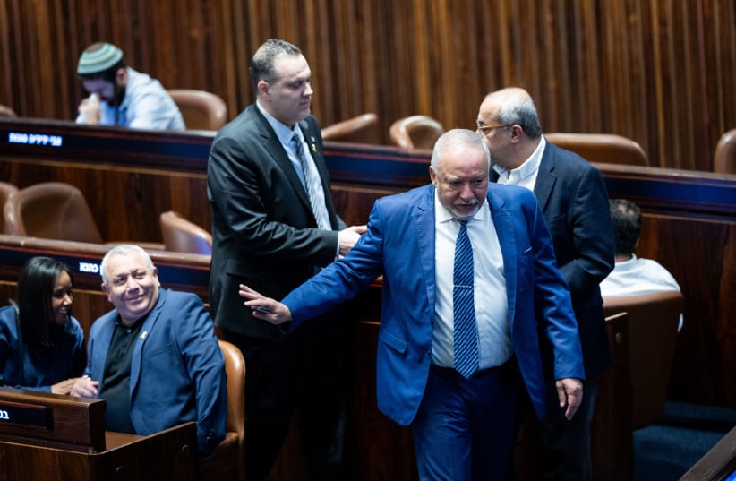 MK Avigdor Liberman and MK Gadi Eisenkot at a plenum session at the assembly hall of the Knesset, the Israeli parliament in Jerusalem, September 9, 2024.