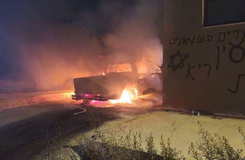 A vehicle on fire at a Palestinian village in the West Bank, allegedly due to far-right Jewish extremists, September 28, 2026.