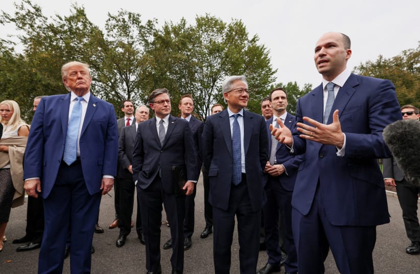 US President Donald Trump, with US House Speaker Mike Johnson (R-LA), Nvidia President and CEO Jensen Huang and OpenAI President Greg Brockman, speaks to the media at the White House driveway following a luncheon for tech leaders in the East Room, in Washington, DC, US, September 29, 2026.