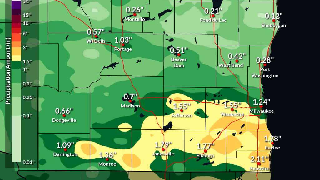 How much rain fell in southern Wisconsin this weekend?