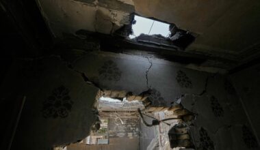 A hole in the ceiling and damaged walls are seen inside a home that Iranian media said was hit by a US strike while a wedding celebration was taking place on Sept. 1, in Kuhestak, southern Iran, on Sept. 4, 2026.
