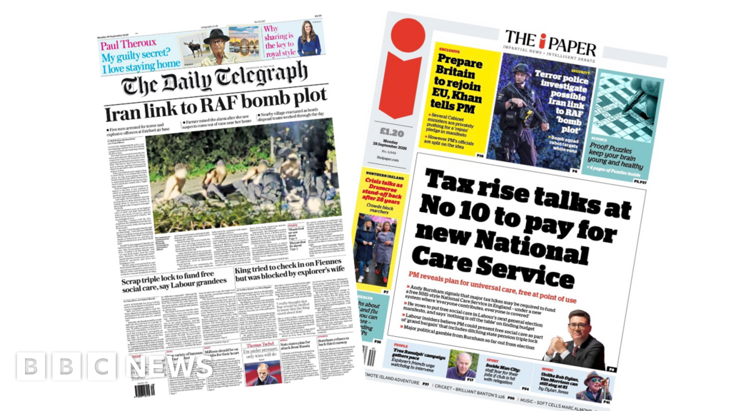 Newspaper headlines: 'Iran link to RAF bomb plot' and 'Tax rise talks at No 10'