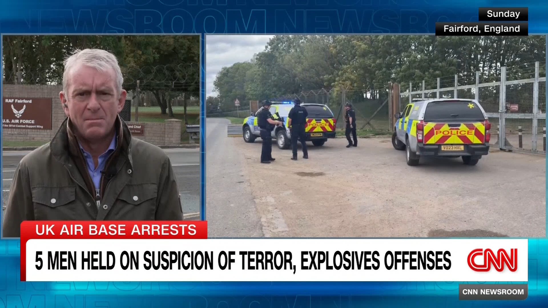 <p>CNN's Nic Robertson describes how a local farmer's vigilance prompted the arrest of five men on suspicion of terror and explosives offences at the RAF air base in Fairford, England. </p>