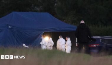 A woman with short reddish hair with a neutral expression faces the camera while sitting a room with black and brown wallpaper.