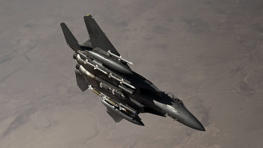 A U.S. Air Force F-15E Strike Eagle conducts a routine combat air patrol over the U.S. Central Command area of responsibility, Jan. 24, 2025. The F-15E is deployed within the CENTCOM AOR to help defend U.S. interests, promote regional security, and deter aggression in the region. (U.S. Air Force photo by Staff Sgt. Gerald R. Willis)
