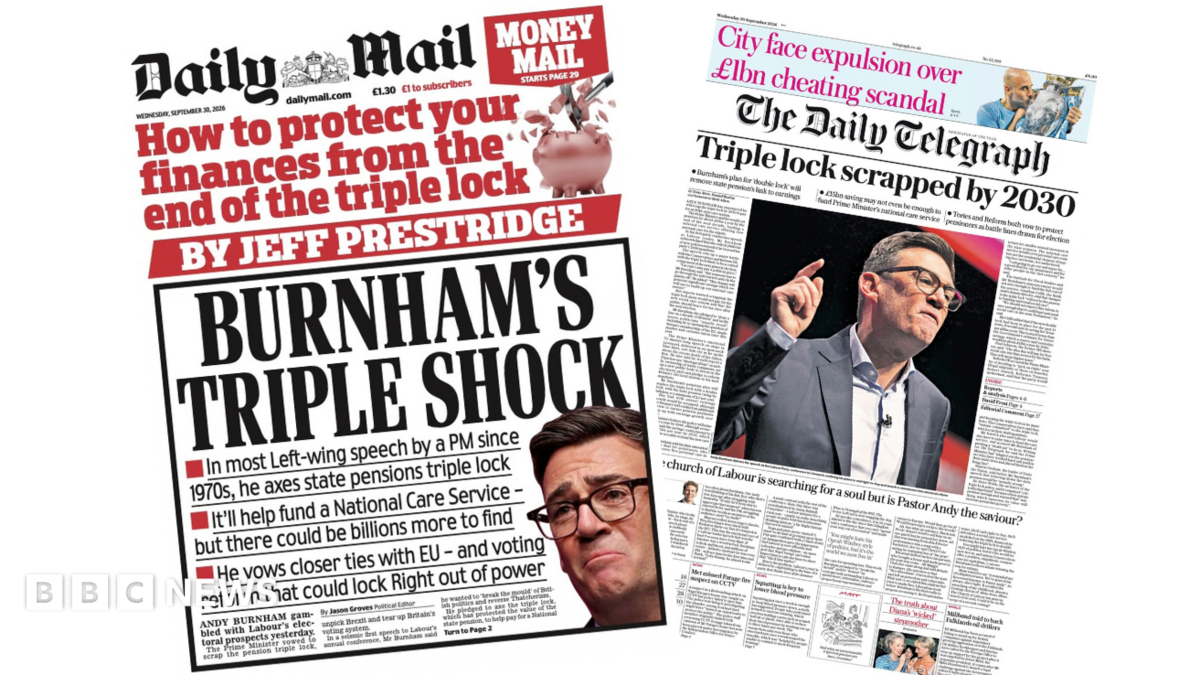 The headline on the front page of the Daily Mail reads: "Burnham's triple shock".