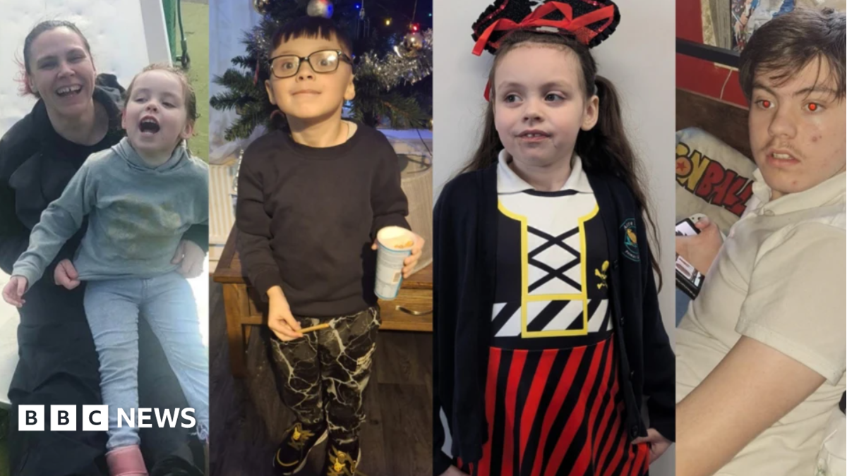Four close-ups: (l-r) A woman holds her daughter in her arms, both are laughing laughing, a young boy in front of a Christmas tree, a girl in fancy dress, an older boy wearing a white shirt.