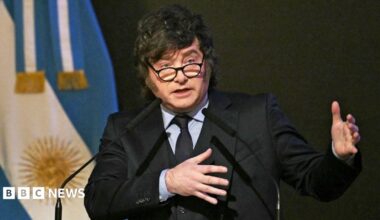 Argentina's President Javier Milei delivers a speech