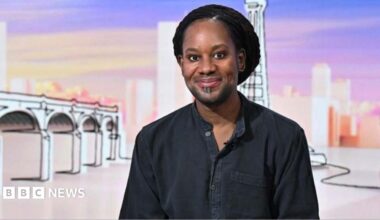 Jason Arday photographed on the panel of BBC show Sunday with Laura Kussenberg