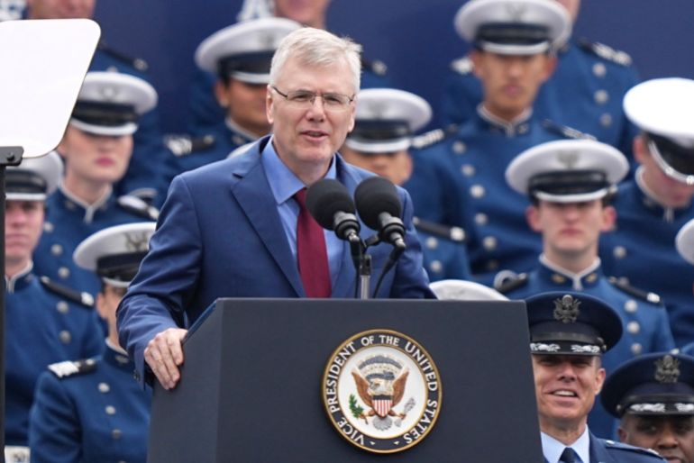 US Secretary of the Air Force Troy Meink speaks during the 2026 graduation ceremony at the US Air Force Academy, in Colorado Springs, Colorado, the US, on May 28, 2026
