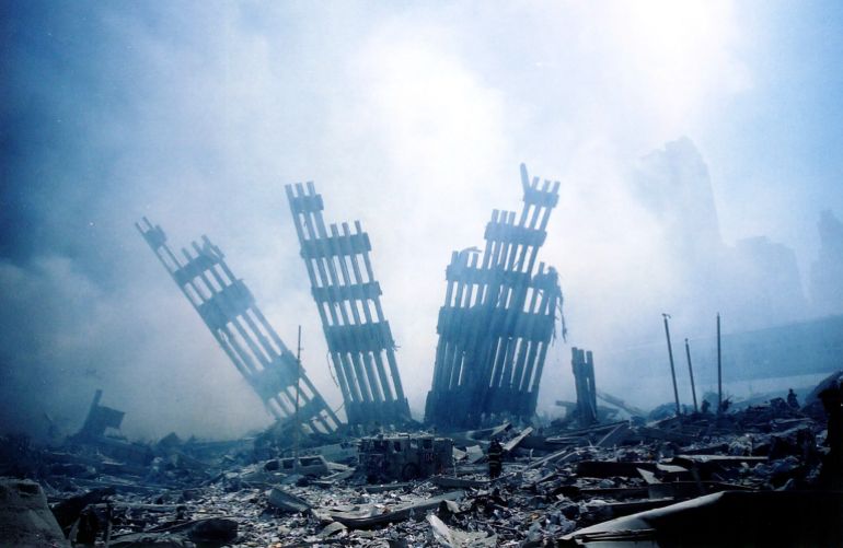 (FILES) The rubble of the World Trade Center on September 11, 2001 in New York. September 11, 2026, will mark the 25th anniversary of the September 11, 2001, attacks that killed nearly 3,000 people in New York, Washington and Pennsylvania. (Photo by ALEXANDRE FUCHS / AFP)