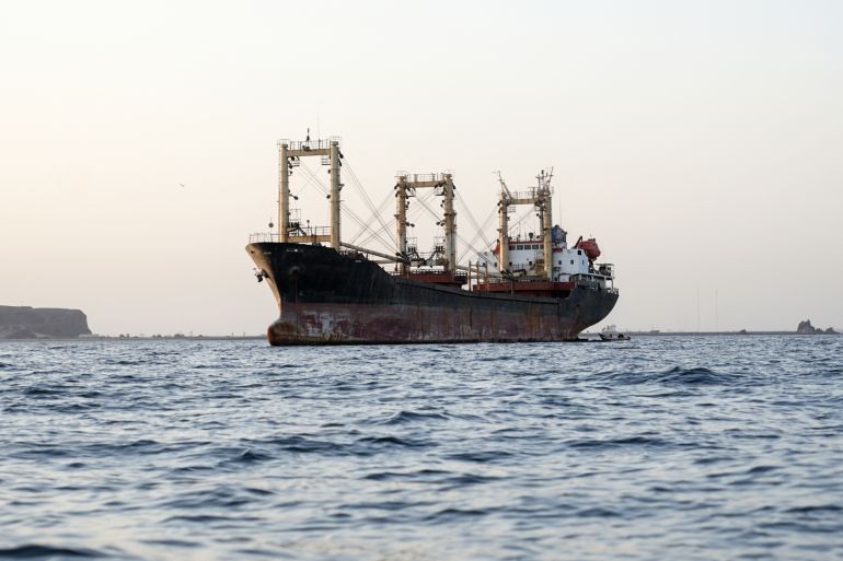 A commercial vessel is anchored off Yemen's coast at Bab al-Mandeb, in the straits connecting the Red Sea with the Gulf of Aden and the Indian Ocean on September 12, 2026. Yemen's Houthis took over on September 11, 2026, a Red Sea island of Mayyun that is located in the middle of the Bab al-Mandeb shipping lane, completing their push to control the area, a local government official and eyewitnesses told AFP. Hundreds of people have died since the Iran-backed Houthis launched an offensive around Bab al-Mandab, a vital artery for Saudi oil exports. (Photo by AFP) /