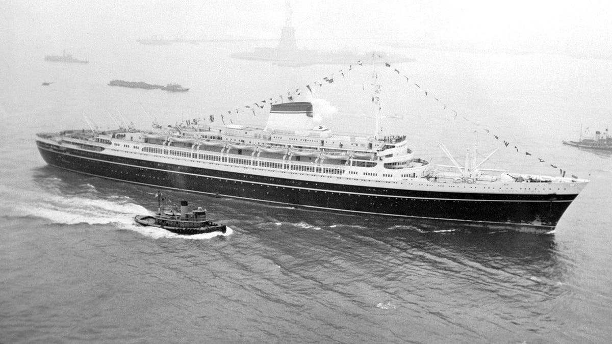 Black-and-white photo of Andrea Doria before sinking