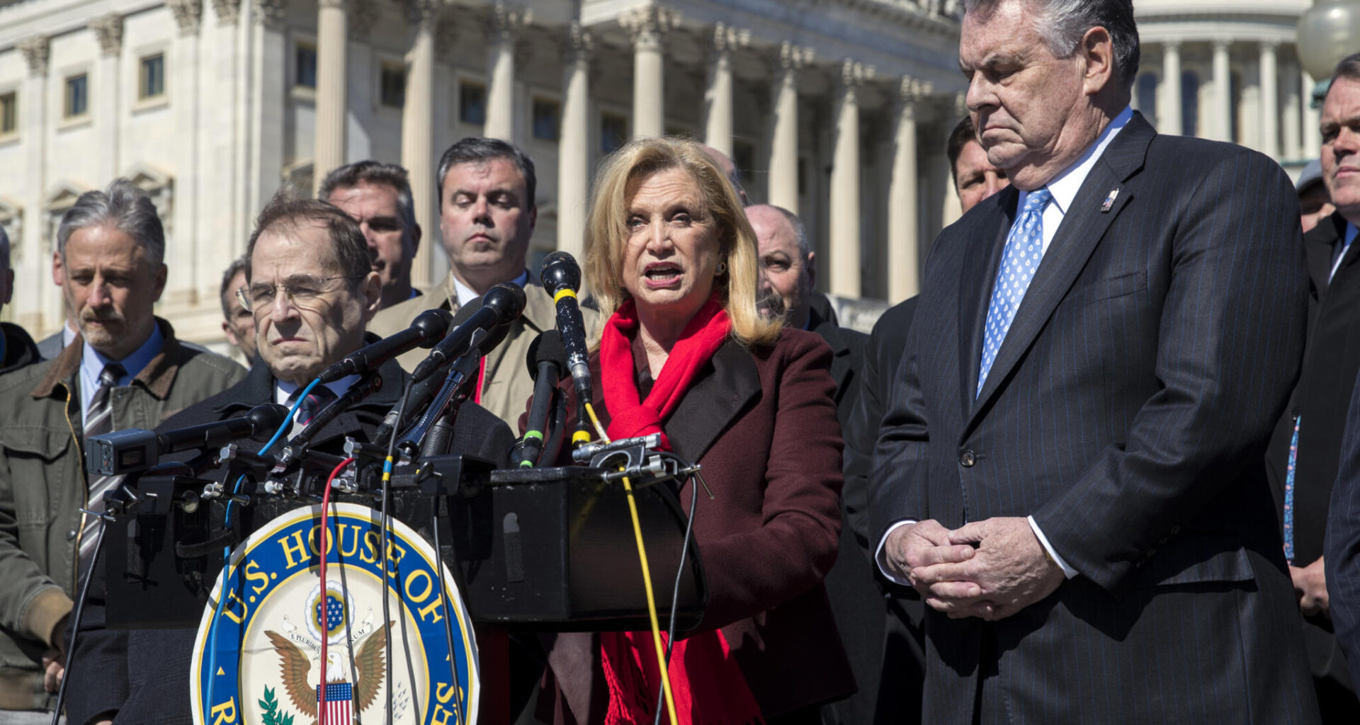 Rep. Carolyn Maloney, D-N.Y., joined by, from left, entertainer and activist Jon Stewart, Rep. Jerrold Nadler, D-N.Y., and Rep. Peter King, R-N.Y., holds a news conference to call for continuing support of the James Zadroga 9/11 Health and Compensation Act that has provided health monitoring and financial aid to the first responders, volunteers, and survivors of the September 11 attacks, at the Capitol in Washington, Monday, March 5, 2018. (J. Scott Applewhite/AP)