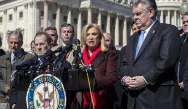 Rep. Carolyn Maloney, D-N.Y., joined by, from left, entertainer and activist Jon Stewart, Rep. Jerrold Nadler, D-N.Y., and Rep. Peter King, R-N.Y., holds a news conference to call for continuing support of the James Zadroga 9/11 Health and Compensation Act that has provided health monitoring and financial aid to the first responders, volunteers, and survivors of the September 11 attacks, at the Capitol in Washington, Monday, March 5, 2018. (J. Scott Applewhite/AP)