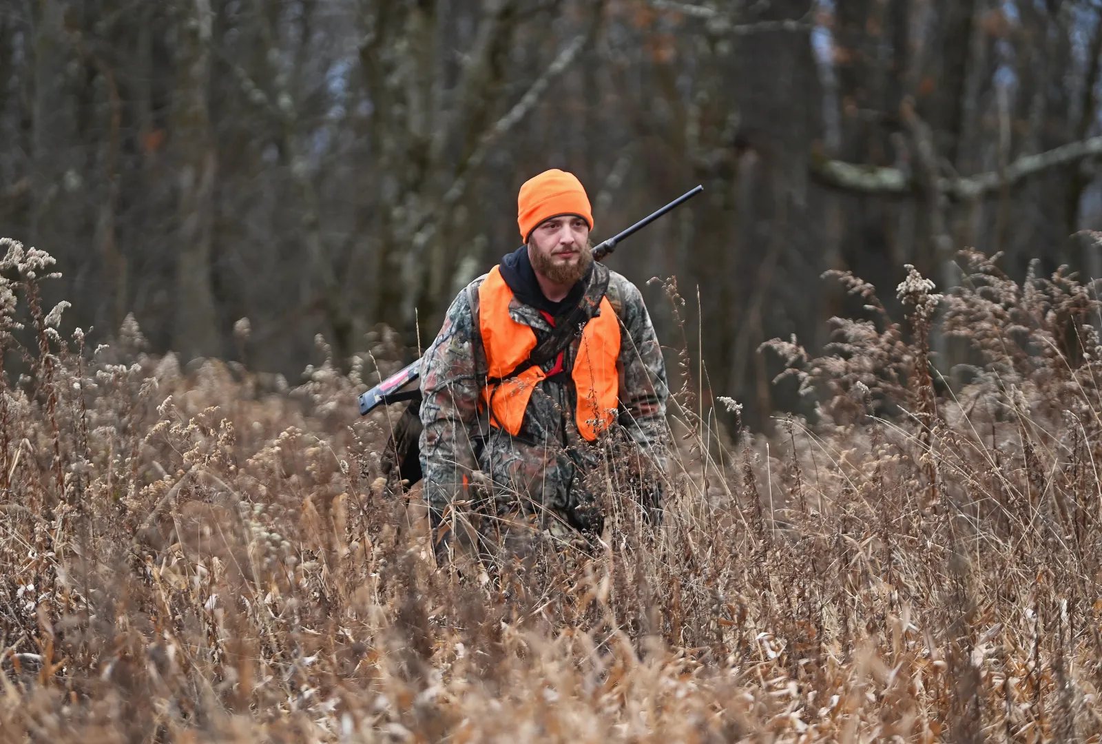 Cory Blewitt, of Greensburg, heads out of the woods after a day of deer hunting during deer-firearms season on State Game Lands No. 42, in Jenner Twp., in Somerset County, Pennsylvania, on December 1, 2025.
