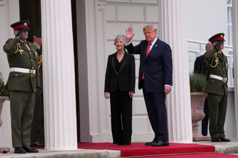 US President Donald Trump is welcomed by Ireland's President Catherine Connolly at Aras an Uachtarain (the president's official residence) in Dublin on September 12, 2026.