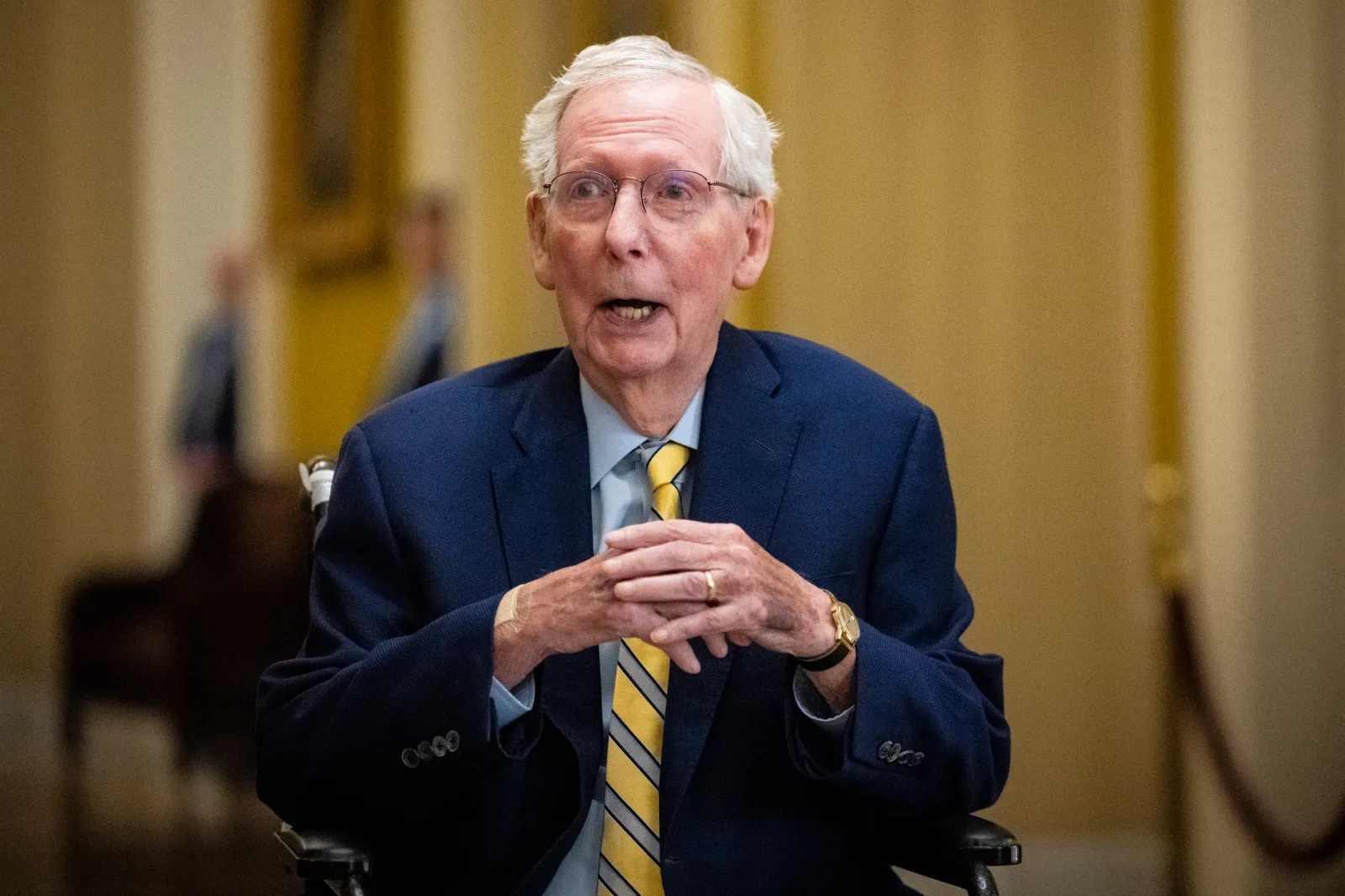Senator Mitch McConnell, a Kentucky Republican, speaks to media near the Senate Chamber after returning to the U.S. Capitol for the first time in months, in Washington, D.C., on September 14. (Graeme Sloan/Sipa USA)(Sipa via AP Images)