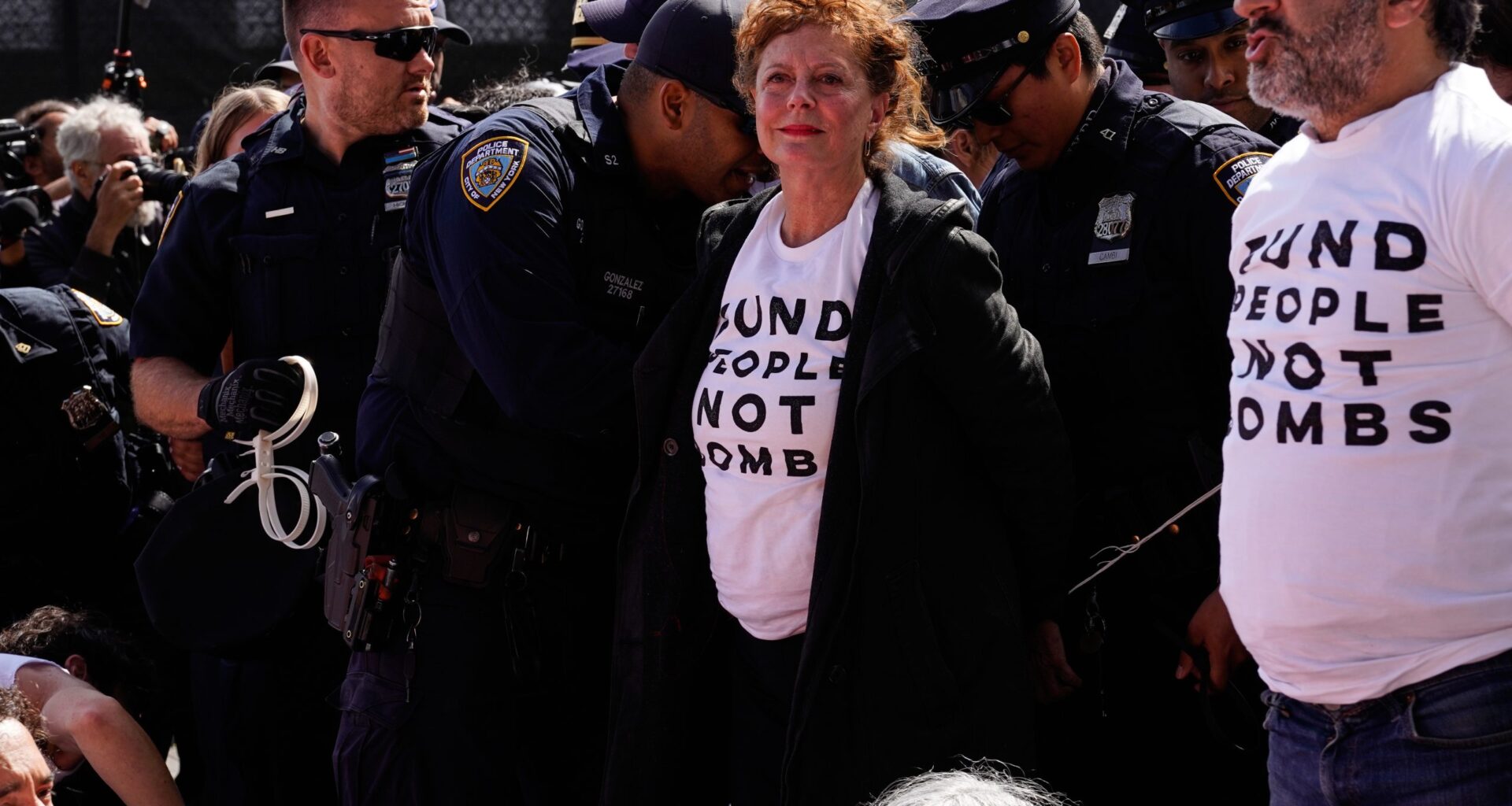 Susan Sarandon, center, and other demonstrators are arrested ahead of Israeli Prime Minister Benjamin Netanyahu